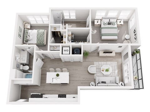 Floor plan layout of 1103 sf two-bedroom apartment with two bathrooms and a balcony.
